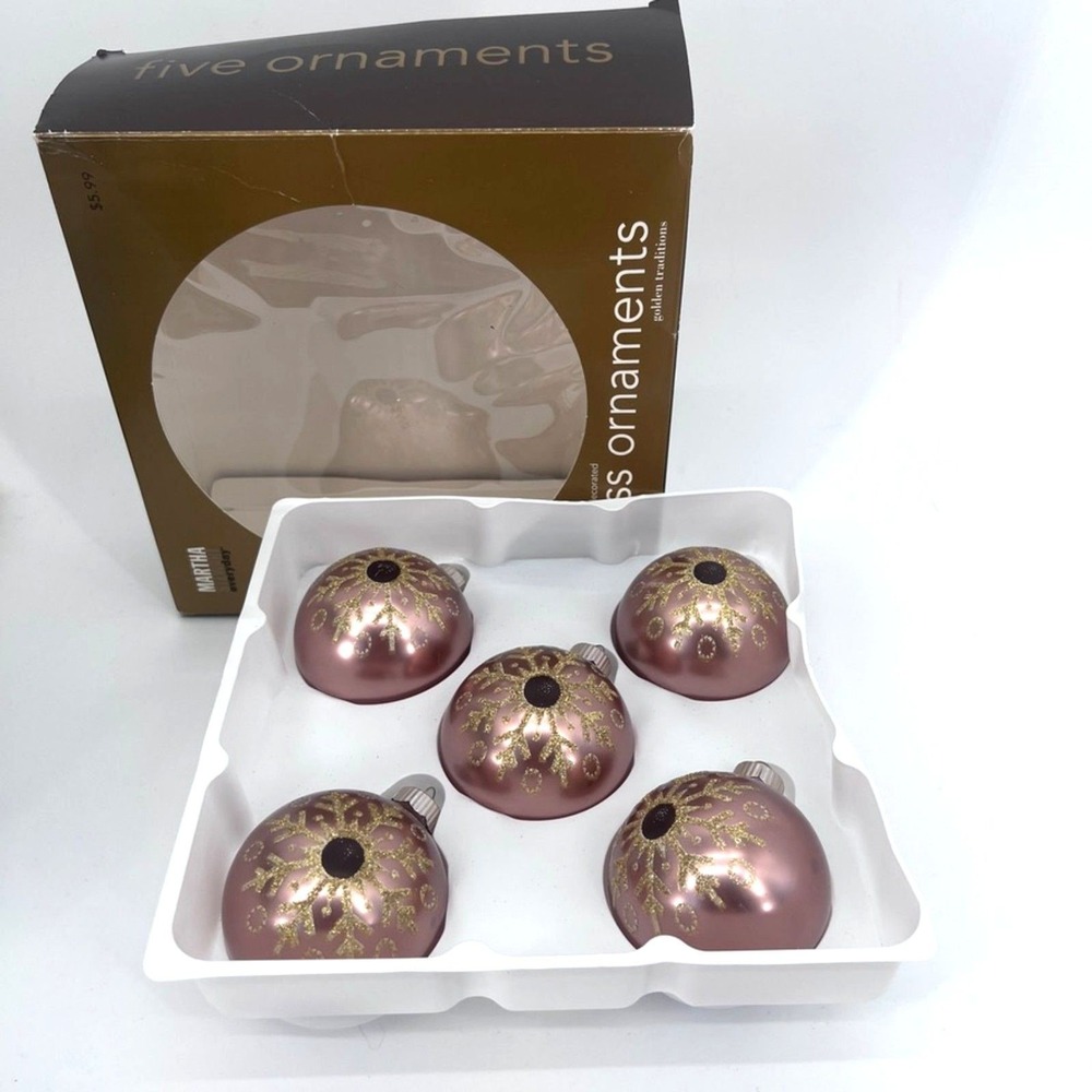VTG Christmas 2005 Martha Stewart Everyday Glass Ornaments Pink Gold Set of 5